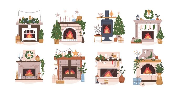 Christmas fireplaces set. Home fire places with socks, stockings, gifts, candles, firs and Xmas decoration. Warm cozy hearths with winter holiday decor. Flat vector illustrations isolated on white