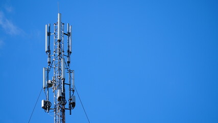 Telecommunication tower of 4G and 5G cellular. Base Station or Base Transceiver Station. Wireless Communication Antenna Transmitter. part of a modern communication tower.