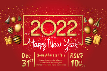 happy new year 2022 golden number in square with party element isolated on red background