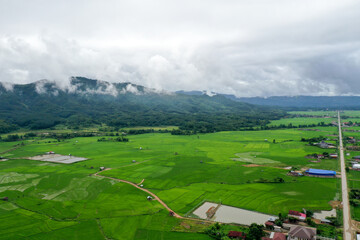 Scenic view of  green field against mountain in cloudy sky
