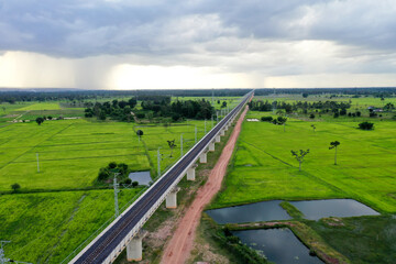 Aerial view of railway bridge part of Laos - China medium speed train from China border to Vientiane capital.