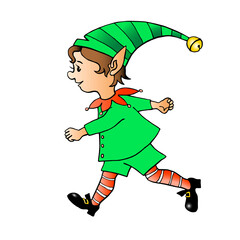 Cute little Christmas Elf boy. Vector hand drawn outline color Cartoon character. Simple illustration for New year, xmas, childrens design, greeting cards, calendars, prints