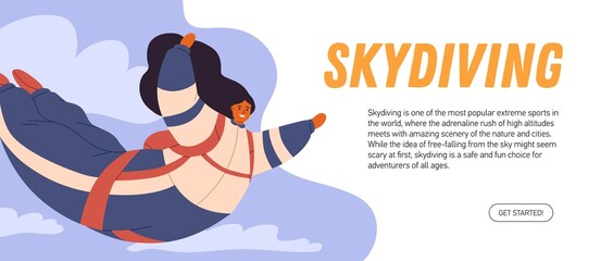 Promotion banner design of skydiving festival. Horizontal ad background template with woman flying with parachute. Web-site header for sky diving sports club. Flat graphic vector illustration