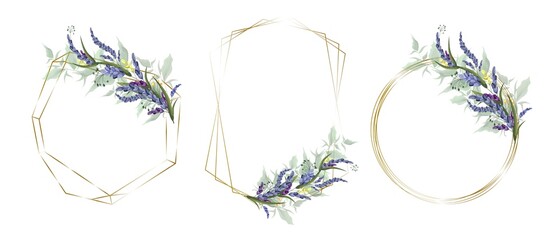 Vector set of floral frames. Beautifully fragrant lavender, green plants and leaves. Gold polygonal frames.
