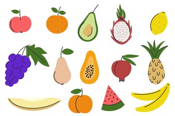 Doodle style fruits set. Collection of cute hand drawn fruits, isolated object. Vector illustration organic healthy food