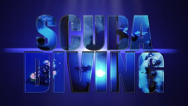 Scuba Diving Video Design -  Animated Text On Blue Background. Open Water Diving. Scuba Diver Jumping Off Dive Boat. Scuba Diver Silhouette Against Sunburst. Cave Diving.