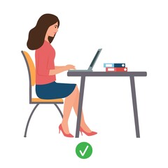 Female silhouette of correct posture while using the computer.Concept of ergonomics, right posture for healthy back, back pain, spine, health care. Flat vector.