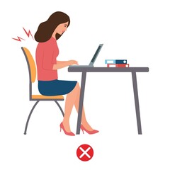Female silhouette of incorrect posture while using the computer.The concept of ergonomics, back pain, spine, health care. Flat vector.