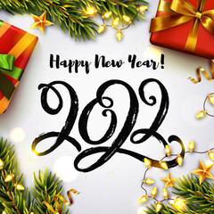 Happy New Year 2022 greeting card. Vector illustration with hand drawn paintbrush lettering 2022, Christmas tree branches, gift boxes, and luminous garlands. Top view.