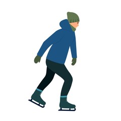 Young Man  skating on Ice rink .Fun Sport Activities. Concept of winter leisure activities.  Vector Illustration