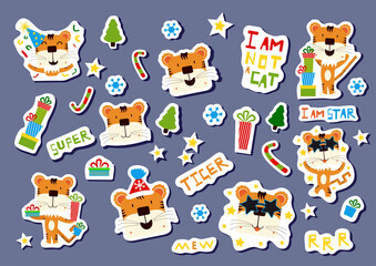 A large set of stickers with tiger faces. Lovely tiger cubs in hats and with gifts. Funny inscriptions, snowflakes and Christmas trees. Festive stickers with the symbol of the year.