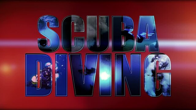 Scuba Diving Post-Production Video -  Animated Text On Red Background. Open Water Diving. Scuba Diver Jumping Off Dive Boat. Scuba Diver Silhouette Against Sunburst. Cave Diving.