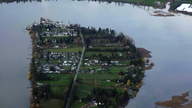 Aerial View Municipal Area in Swollen Lake, Canadian West Coast Flood