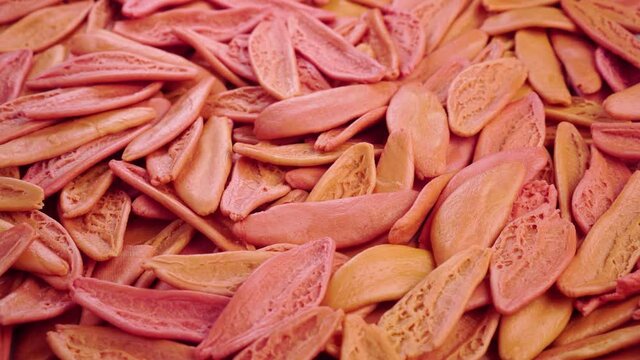 Olive leaf pasta, falling dry italian red macaroni with tomato ingredient. Foglie di ulivo. Organic food. Rotation. Slow motion