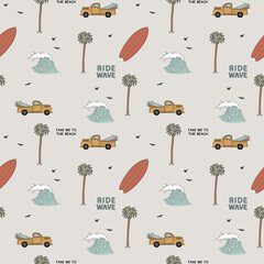 Seamless pattern with car, waves and palm trees. The concept of travel and surfing. For printing on fabrics, notebooks and other purposes.