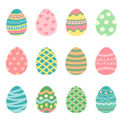 Collection of colorful Easter eggs decorated with stripes, dots, hearts, and flowers. Cartoon flat vector illustration. Isolated on white background. Elements for holiday cards
