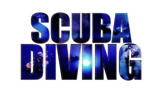 Scuba Diving Conceptual Video - Animated Text On White Background. Open Water Diving. Scuba Diver Jumping Off Dive Boat. Scuba Diver Silhouette Against Sunburst. Cave Diving.