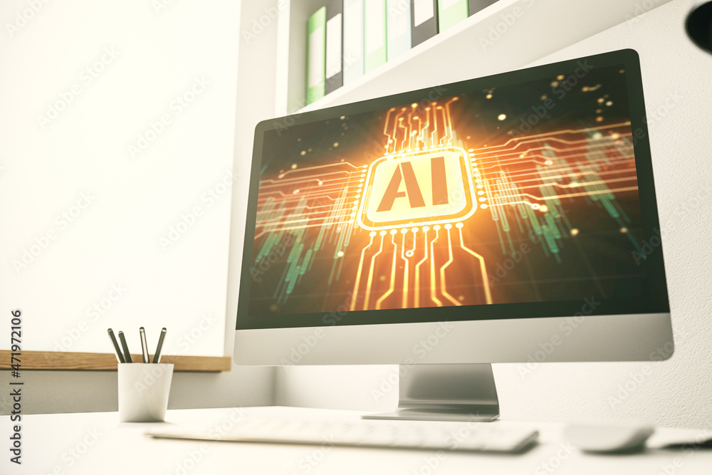 Poster Creative artificial Intelligence symbol concept on modern laptop screen. 3D Rendering