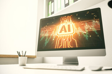 Creative artificial Intelligence symbol concept on modern laptop screen. 3D Rendering