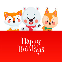 Fototapeta premium Cute Happy Holidays card with cartoon characters. Winter illustration of a funny polar bear, a fox and a squirrel with a big red signboard on a white background. Vector 10 EPS.