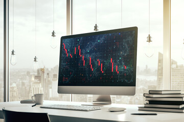 Creative abstract global crisis chart with world map sketch on modern laptop monitor, falling markets and collapse of global economy concept. 3D Rendering