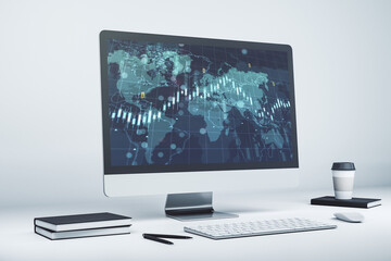 Modern computer screen with abstract creative financial chart with world map, research and analytics concept. 3D Rendering