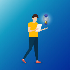 Business man having a great idea while reading a book. Business man holding light bulb on background.