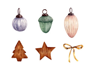 Christmas tree toys in watercolor