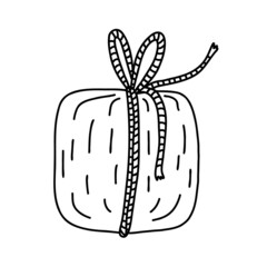 Gift box tight up with ribbon rope. Doodle cartoon vector illustration of Christmas or Birthday present. Hand drawn sketch isolated on white, black outline.
