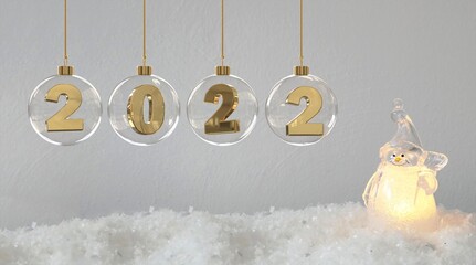 happy new year 2022 digits in tranparent glass bauble with golden hanger friendly illuminated...
