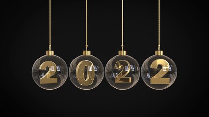 2022 digits in tranparent glass bauble with golden hanger isolated on black - copy space - 3d...