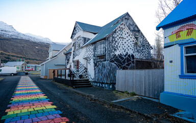 : Empty street of Seydisfjordur town. Colorful morning scene of East Iceland
