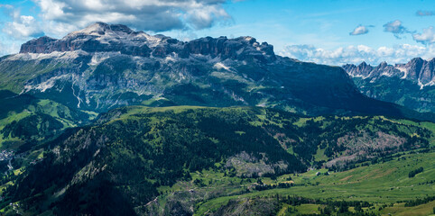 Sella mountain group with highest Piz Boe mountain peak from Monte Sief mountain peak summit in Dolomiti mountains in Italy