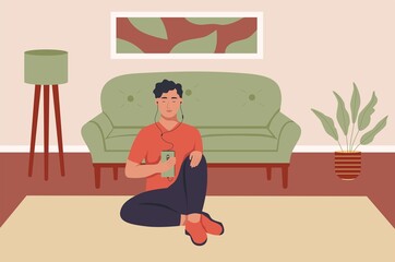 A young man with headphones and a phone at home. The guy listens to music, podcast, audiobook. Flat vector illustration