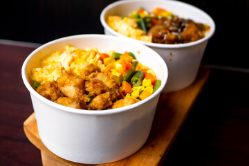 Indonesia style rice bowl, contain chicken katsu, egg, and vegetables