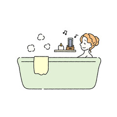 お風呂に入って音楽を聴いている女性のイラスト