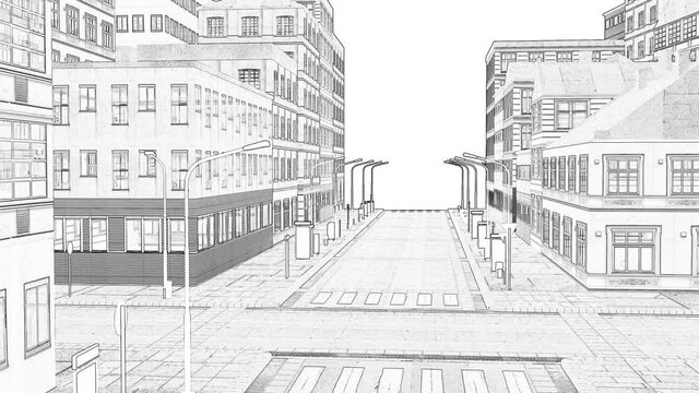 Sketch wireframe with drawing city on white town landscape Residential building construction animation 4k