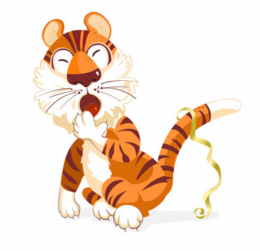 A cute sleepy tiger cub sits and yawns.. Adorable Wild Animal Cartoon Character. Happy Chinese new year greeting card. 2022 Tiger zodiac. Illustration For children, decor, banner, emblem, patter