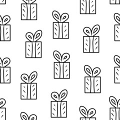 Gift box seamless pattern doodle. Vector Illustration for printing, backgrounds, covers, packaging, greeting cards, posters, stickers, textile, seasonal design. Isolated on white background.