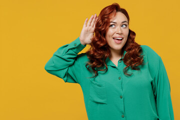 Curious nosy bright fun happy vivid young ginger chubby overweight woman 20s years old wear green...