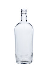 Empty bottle made of transparent, colorless glass for alcoholic beverages. Isolated on a white background, close-up