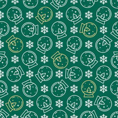 Green seamless pattern with Christmas snow globe and snowflake