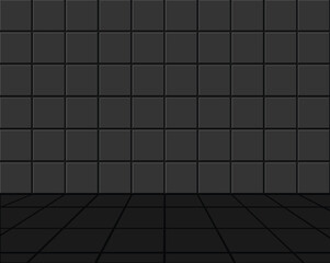 Black ceramic tile wall and floor. 3D illustration