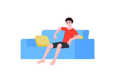 Cartoon vector illustration of young man sitting and chilling on sofa and relax. A person is resting or thinking about something good after a working day, vacation. Character on white background.