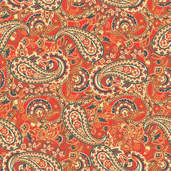Behang Rood Naadloze bloemmotief met paisley ornament. Vectorillustratie in Aziatische textielstijl
