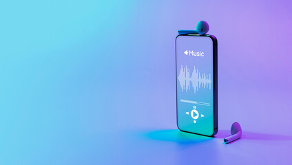 Music background. Mobile smartphone screen with music application, sound headphones. Audio voice with radio beats on neon gradient. Recording studio or podcasting banner with copy space.