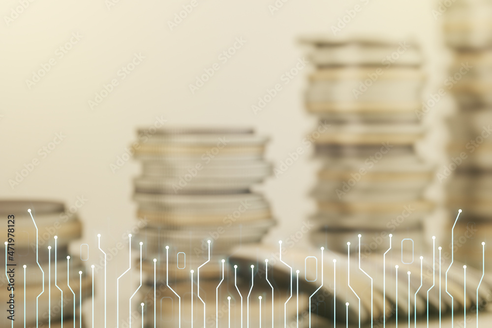 Poster Abstract virtual micro circuit sketch on growing coins stacks background, future technology and AI concept. Double exposure