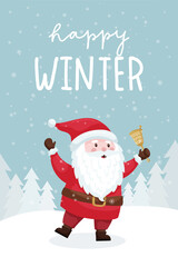 A Christmas card with a smiling Santa ringing a bell in a snowy forest. Winter landscape. Hand lettering - Happy winter. Cute flat cartoon character. Color vector illustration