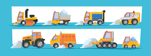 Plow truck. Urban transport snowfall bulldozer cleaners plowing industry highway road with snow garish vector illustrations set - obrazy, fototapety, plakaty