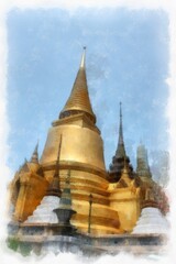 Naklejka premium The Grand Palace Bangkok Thailand watercolor style illustration impressionist painting.